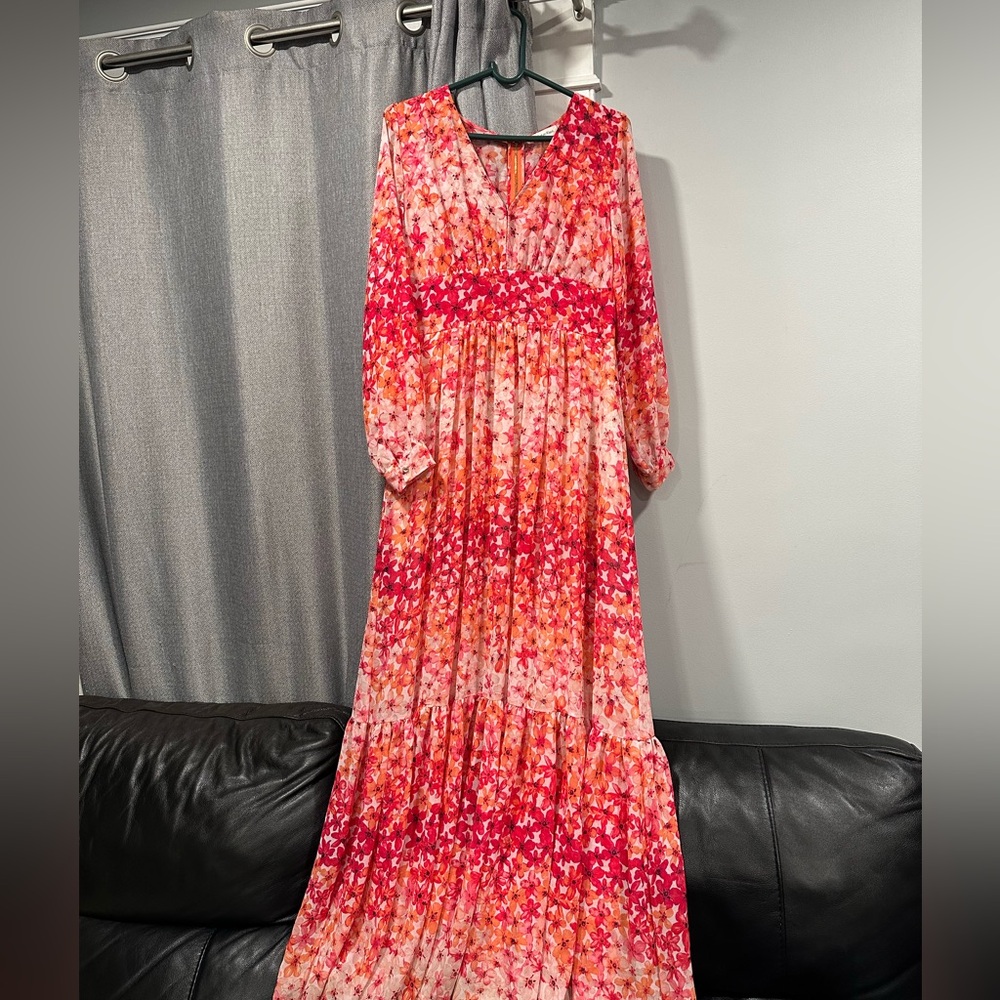 Calvin Klein Long Sleeve Pink Floral- Printed Maxi Dress